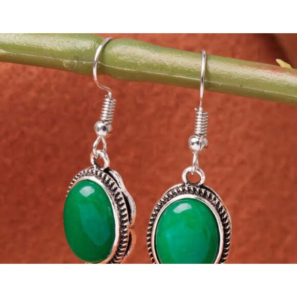 Natural Malachite Approximately 1" Oval Stone French Wire Silver Alloy Earrings - Picture 4 of 6